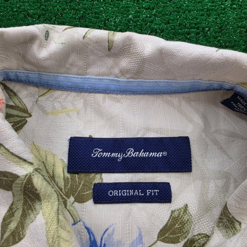 Tommy Bahama Shirt Mens XL Cream Blue 100% Silk Jacquard Floral Camp Tropical - Picture 7 of 11